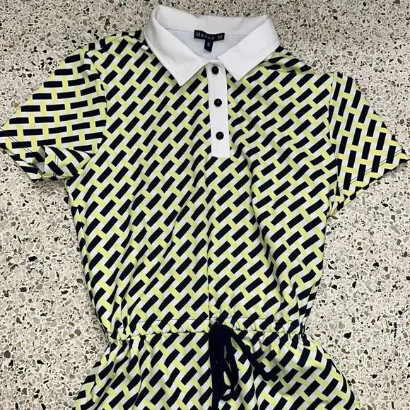 Melly M navy yellow print drawstring waist mini collared polo dress small s - Picture 2 of 5